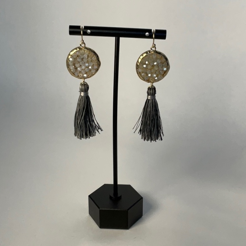 Earrings Gold Tone Disk with Gray Tassel